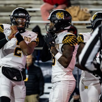 Amari Odom celebrates a touchdown during Kennesaw State's 19-15 win over Jacksonville State in the Conference USA championship game on Friday, Dec. 5, 2025, in Jacksonville, Ala. (Kennesaw State Athletics)