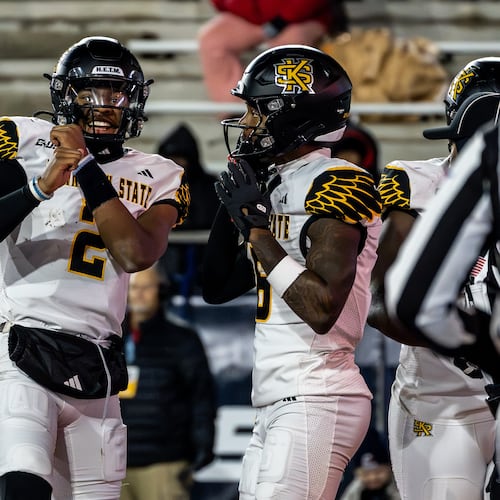 Amari Odom celebrates a touchdown in Kennesaw State's 19-15 win over Jacksonville State in the Conference USA Championship Game in Jacksonville, Ala.