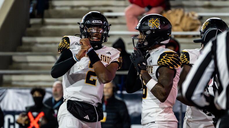 Amari Odom celebrates a touchdown during Kennesaw State's 19-15 win over Jacksonville State in the Conference USA championship game on Friday, Dec. 5, 2025, in Jacksonville, Ala. (Kennesaw State Athletics)