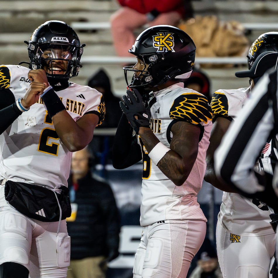 Amari Odom celebrates a touchdown in Kennesaw State's 19-15 win over Jacksonville State in the Conference USA Championship Game in Jacksonville, Ala.