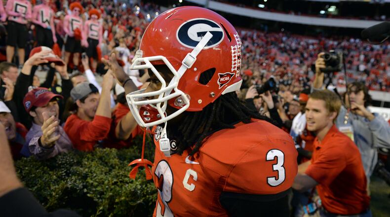 Georgia running back Todd Gurley celebrates the Bulldogs win over Vanderbilt at Sanford Stadium in Athens Saturday October 4, 2014. BRANT SANDERLIN / BSANDERLIN@AJC.COM
