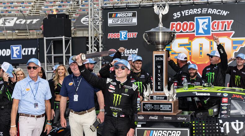 Ty Gibbs, center, celebrates after winning a NASCAR Cup Series auto race, Sunday, April 12, 2026, in Bristol, Tenn. (AP Photo/Wade Payne)