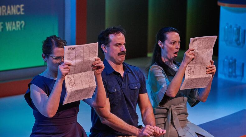 “Lost in the Cosmos,” a collaboration between Theatrical Outfit and Dad’s Garage, co-stars Amber Nash (from left), Dan Triandiflou and Tara Ochs. CONTRIBUTED BY CHRISTOPHER BARTELSKI