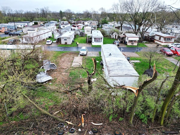 Weekend storms that damaged a mobile home park in Franklin, Ohio, are seen Monday, March 31, 2025. (Nick Graham/Dayton Daily News via AP)