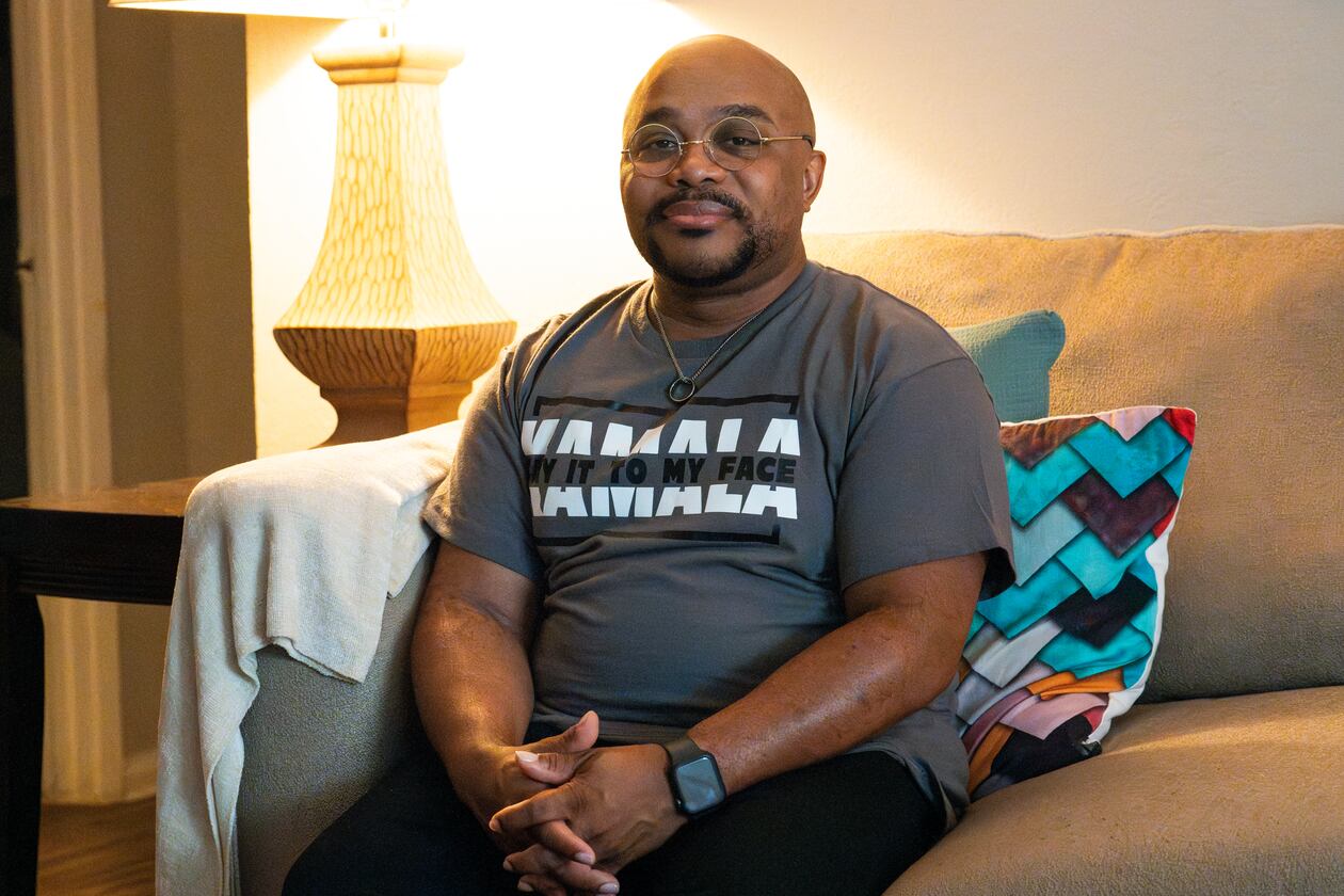 Randall Eichelberger, a flight attendant and resident of Clayton, poses for a portrait at his home on Sept. 30, 2024. As a voter, Eichelberger says abortion is his top priority in this election. Additionally, he is concerned about the economy, citing rising costs that forced him to sell his car due to unaffordable insurance rates. (Olivia Bowdoin for the AJC).