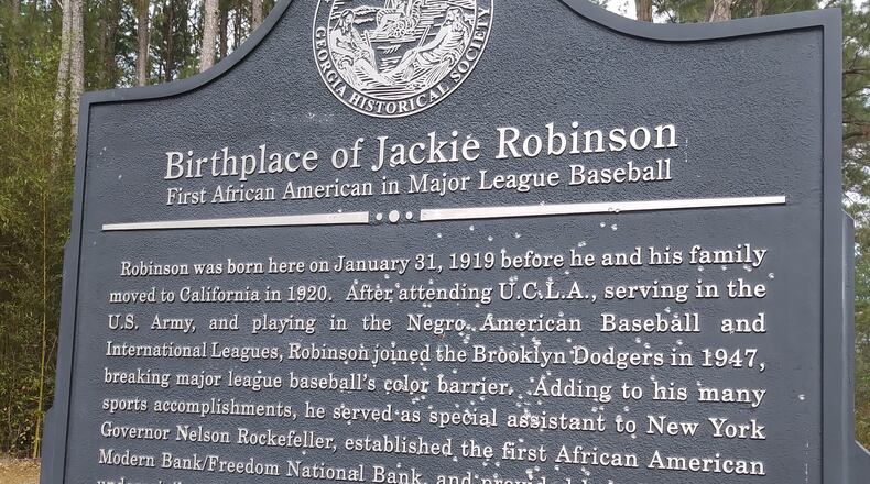 The historical marker recognizing the birthplace of African American baseball great Jackie Robinson was found riddled by gunfire the week of Feb. 14, 2021, in Grady County, Georgia.