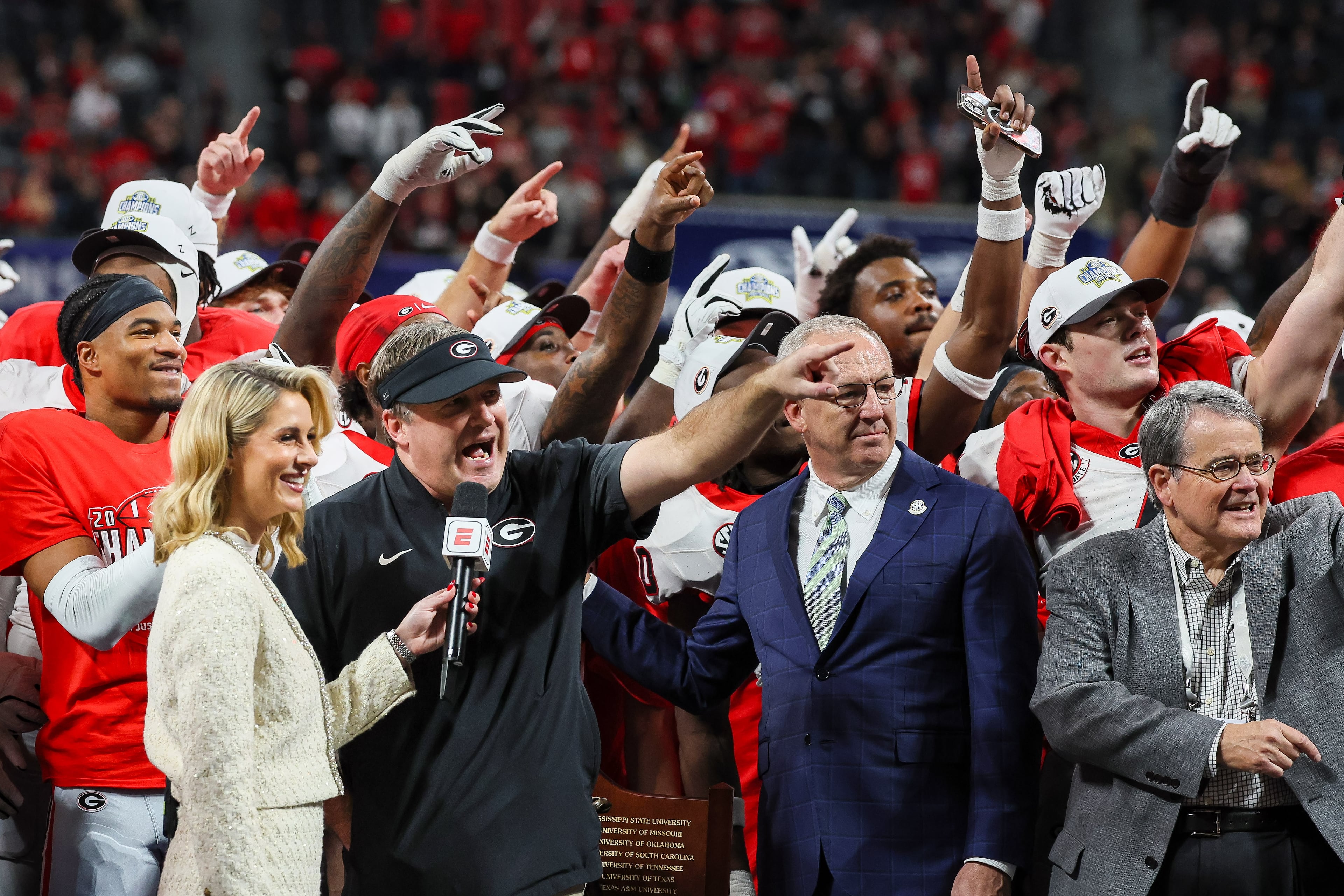 Georgia head coach Kirby Smart celebrates a 28-7 victory over Alabama in the SEC Championship game at Mercedes-Benz Stadium, Saturday, Dec. 6, 2025, in Atlanta. (Jason Getz / AJC)