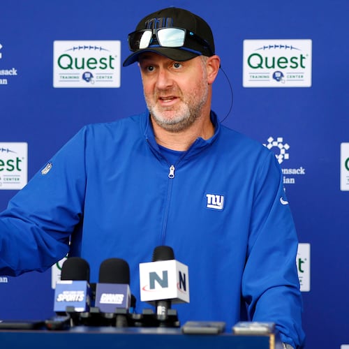 FILE - New York Giants defensive coordinator Shane Bowen talks to reporters before NFL football practice in East Rutherford, N.J., Thursday, June 5, 2025. (AP Photo/Noah K. Murray, file)