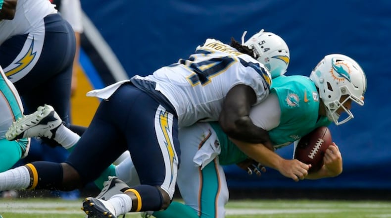 Los Angeles Chargers outside linebacker Melvin Ingram brings down Miami Dolphins quarterback Jay Cutler for a sack during the second half of an NFL football game Sunday, Sept. 17, 2017, in Carson, Calif. (AP Photo/Mark J. Terrill)