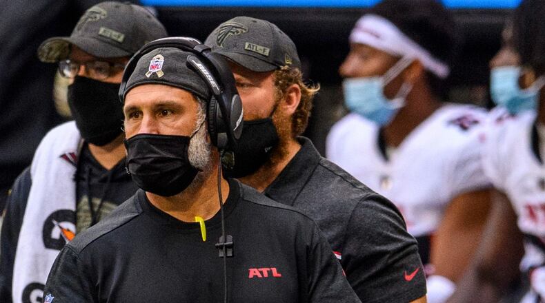 Atlanta Falcons defensive coordinator Jeff Ulbrich walks the sideline during the second half  against the Denver Broncos, Sunday, Nov. 8, 2020, in Atlanta. The Atlanta Falcons won 34-27. (Danny Karnik/AP)