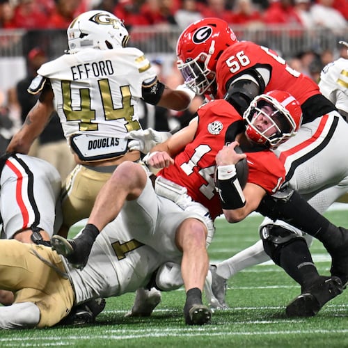 Georgia Tech's defense had been routinely gashed, but held the Georgia offense in check, particularly in the second half. It wasn't enough in a 16-9 loss. (Hyosub Shin/AJC)