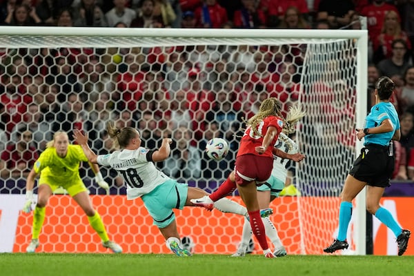 Switzerland's Alayah Pilgrim scores her side's second goal during the Euro 2025, group A, soccer match between Switzerland and Iceland at Stadion Wankdorf in Bern, Switzerland, Sunday, July 6, 2025. (AP Photo/Martin Meissner)