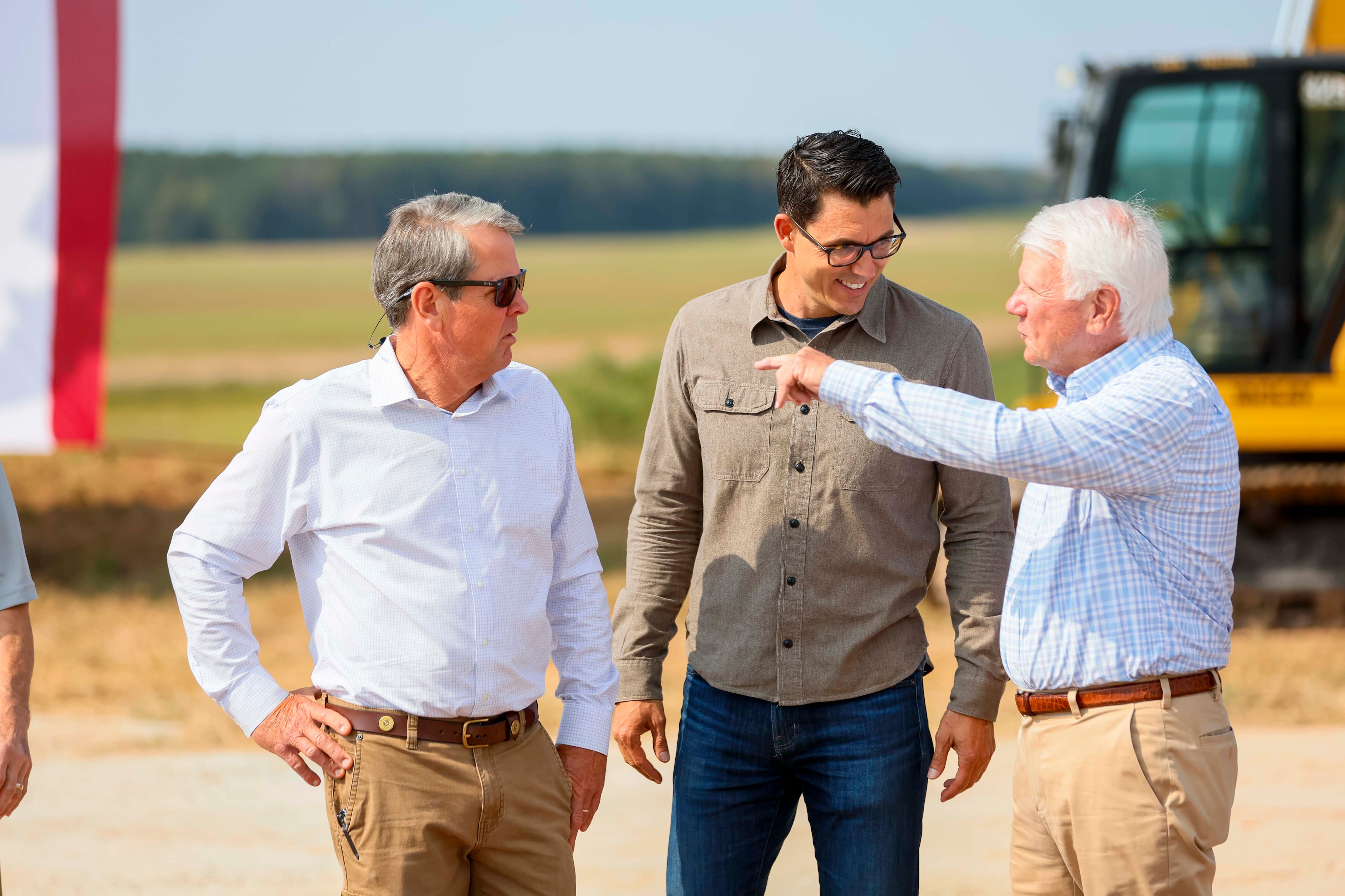 Gov. Brian Kemp (left), Rivian CEO, RJ Scaringe and Georgia Speaker of the House Jon Burns gather for the groundbreaking ceremony on Tuesday, Sept. 16, 2025, in Walton and Morgan County.
(Miguel Martinez/ AJC)