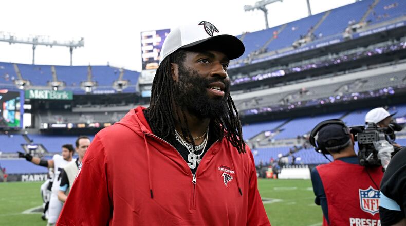 Atlanta Falcons' Matthew Judon walks off the field after an preseason NFL football game against the Baltimore Ravens, Saturday, Aug. 17, 2024, in Baltimore. (AP Photo/Terrance Williams)