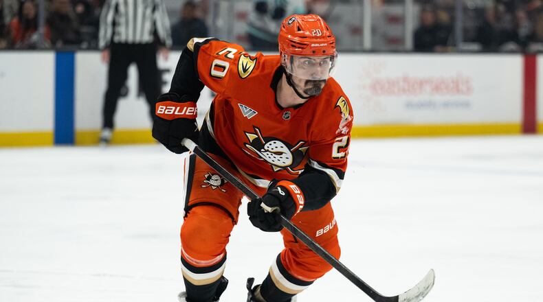 FILE - Anaheim Ducks left wing Chris Kreider skates during an NHL hockey game against the Seattle Kraken, Feb. 3, 2026, in Anaheim, Calif. (AP Photo/Kyusung Gong, File)
