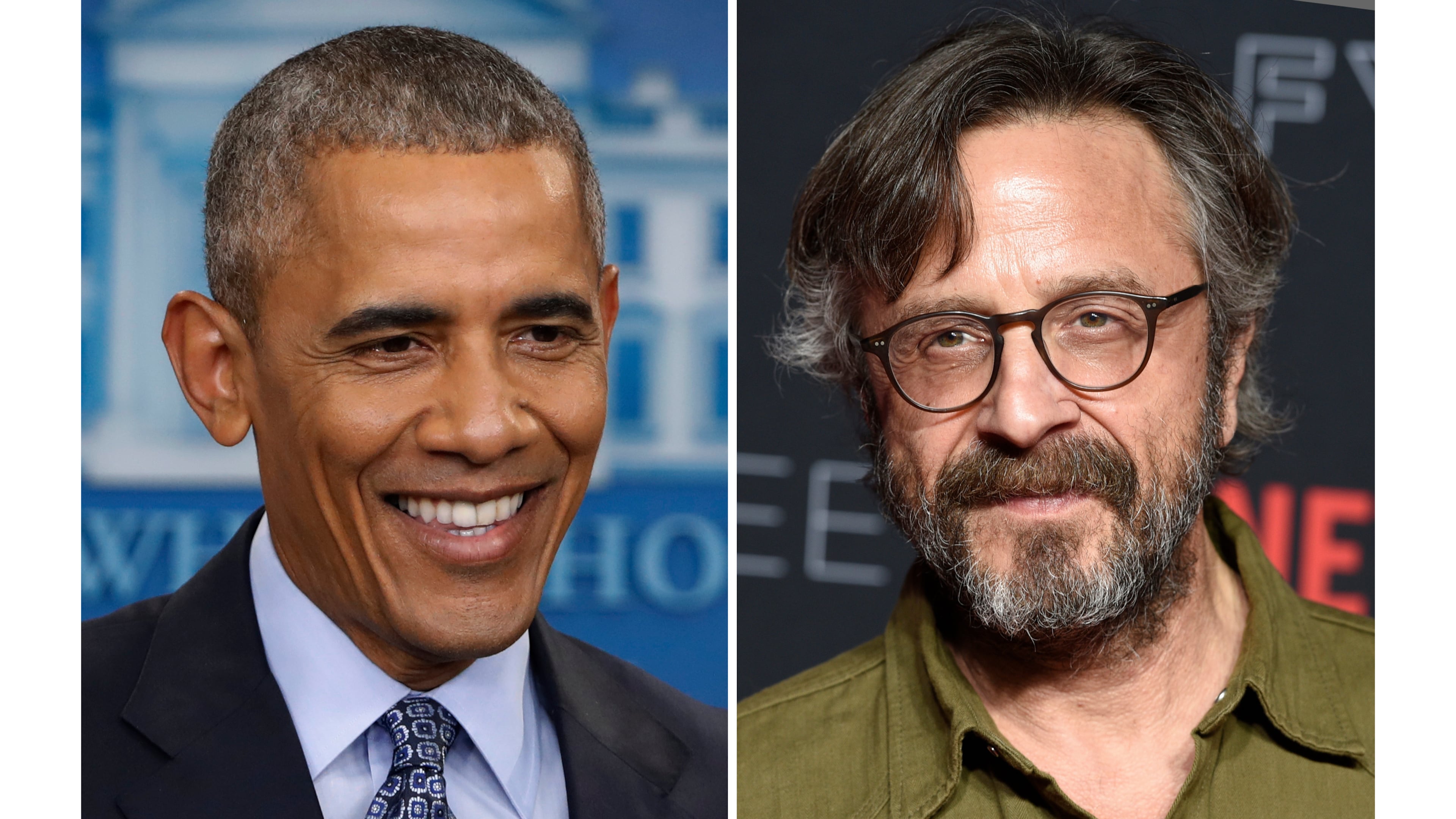 President Barack Obama appears during his final presidential news conference at the White House in Washington on Jan. 18, 2017, left, and Marc Maron appears at a promotional event for his series "Glow" in Los Angeles on May 30, 2018. (AP Photo/Pablo Martinez Monsivais, left, and Chris Pizzello/Invision/AP)