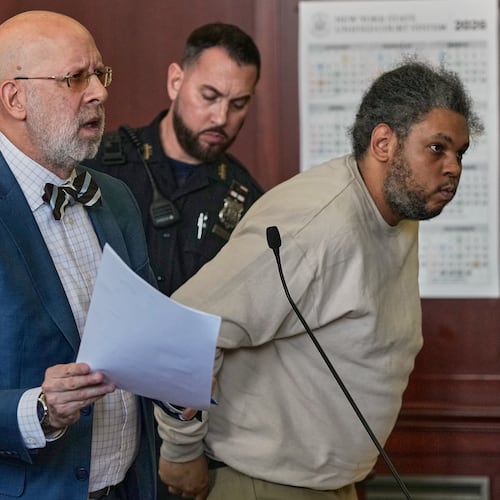 Randy Santos, right, and his attorney Arnold Levine appear in court after he was sentenced for fatally beating four sleeping men on the streets in 2019, in New York, Thursday, May 28, 2026. (AP Photo/Richard Drew)