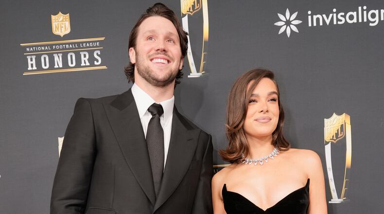 FILE - Josh Allen, of the Buffalo Bills, and his fiancé, Hailee Steinfeld, pose on the red carpet at the NFL Honors award show ahead of the Super Bowl 59 football game, Feb. 6, 2025, in New Orleans. (AP Photo/Gerald Herbert, File)