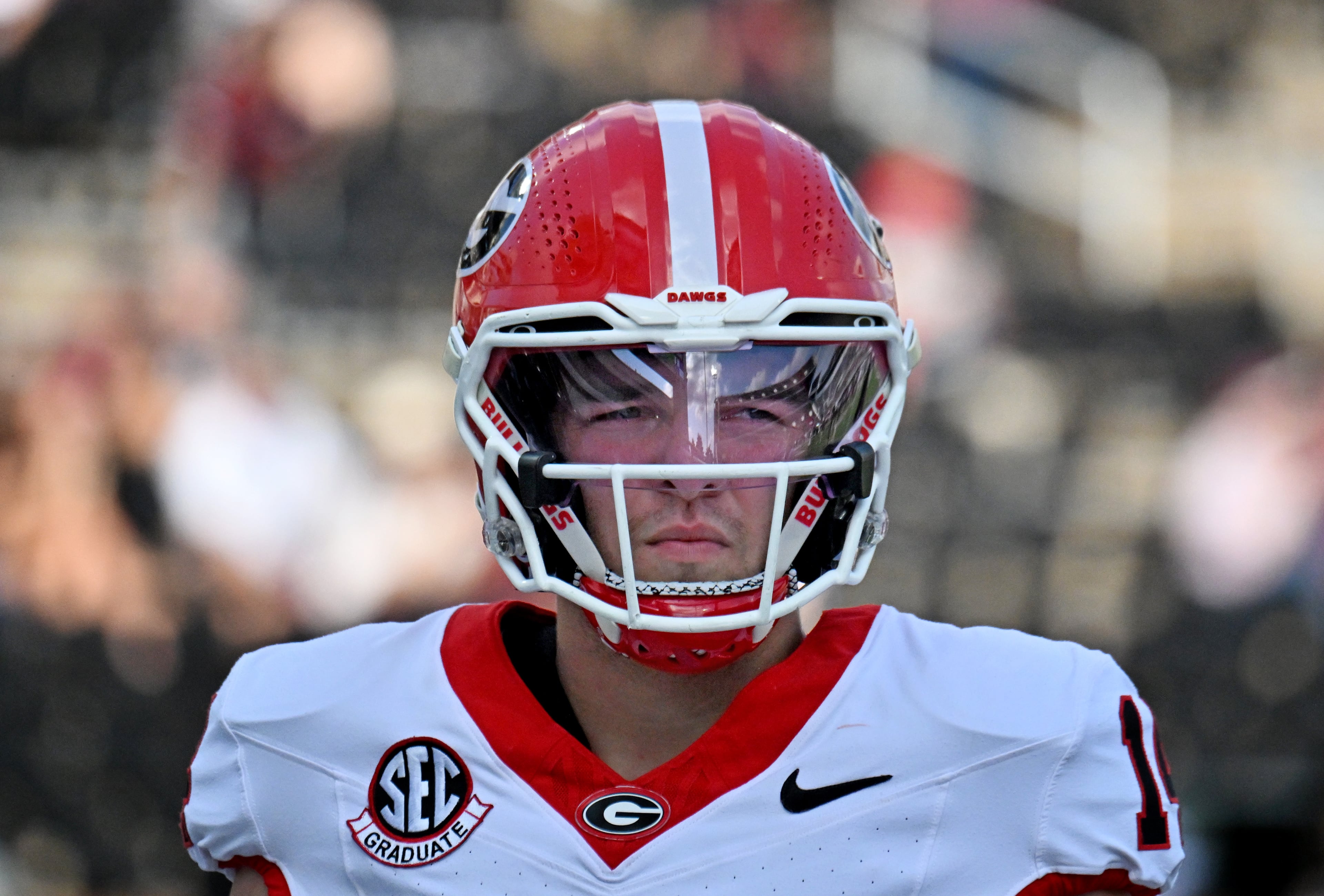 Georgia quarterback Gunner Stockton (14) reacts during pregame warm-up drills prior to an NCAA football game against Mississippi State at Davis Wade Stadium, Saturday, November 8, 2025, in Starkville, Mississippi. (Hyosub Shin / AJC)