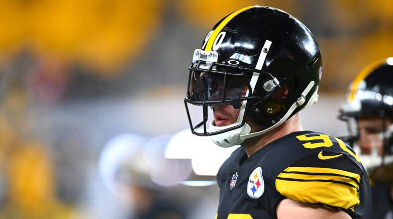 Pittsburgh Steelers linebacker T.J. Watt (90) warms up before a game against the New England Patriots at Acrisure Stadium on Dec. 7, 2023, in Pittsburgh. (Joe Sargent/Getty Images/TNS)