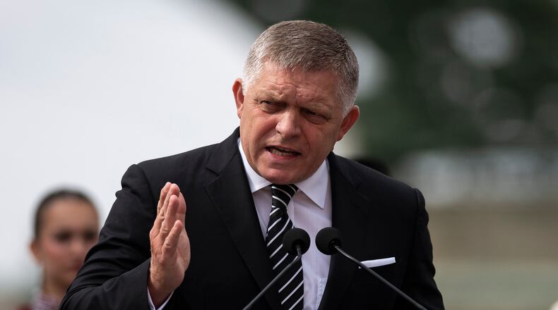 Slovakia's Prime Minister Robert Fico delivers his speech during the 130th anniversary celebration of Mária Valeria Bridge in Esztergom, Hungary, on Sunday, Sept. 28, 2025. (AP Photo/Denes Erdos)