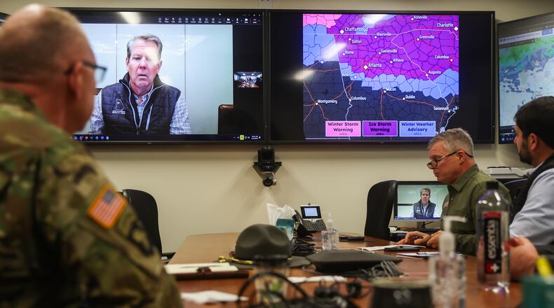 Gov. Brian Kemp speaks about preparations for a major ice storm during a briefing before a news conference at the Georgia Emergency Management and Homeland Security Agency’s State Operations Center on Saturday, Jan. 24, 2026, in Atlanta. (Abbey Cutrer/AJC)
