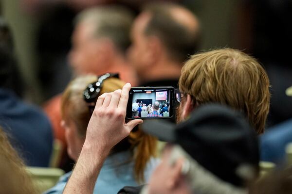 Rep. Marjorie Taylor Greene, R-Ga., speaks during a town-hall style meeting, Tuesday, April 15, 2025, in Acworth, Ga. (AP Photo/Mike Stewart)