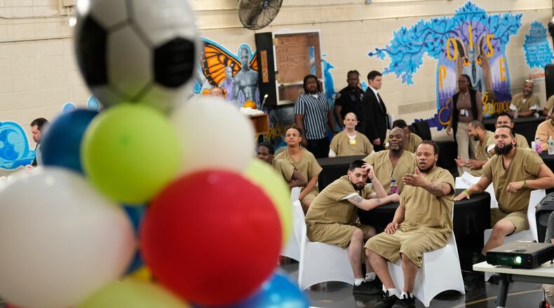 Rikers Island inmates react as they watch the World Cup semifinal soccer match between England and Argentina, at the jail complex in New York, Wednesday, July 15, 2026. (AP Photo/Seth Wenig)