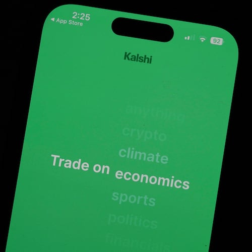 FILE - The prediction market app Kalshi is displayed on a mobile phone, April 16, 2026, in Chicago. (AP Photo/Erin Hooley, File)