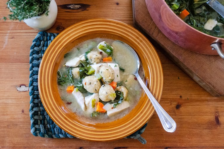 Enjoy more vegetables and whole grains in this nutritous version of chicken and dumplings. (Virginia Willis for the AJC)