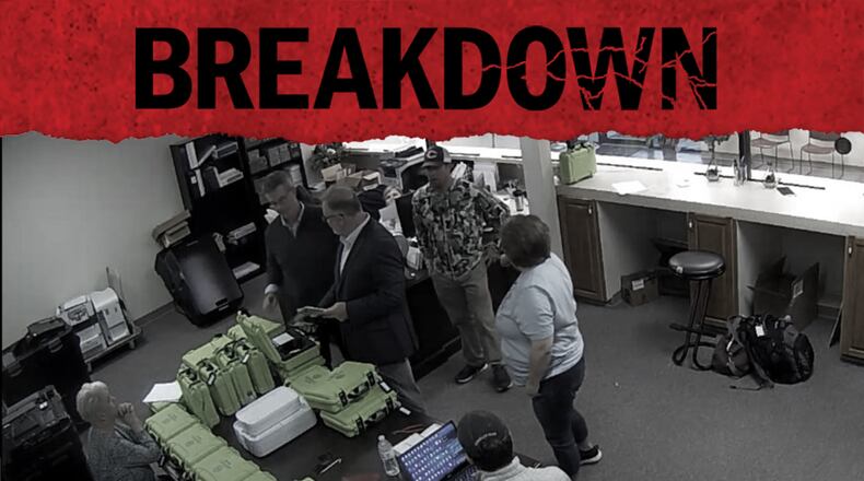 The 12th episode of the AJC's podcast "Breakdown — The Trump Grand Jury" examines the Coffee County data breach that occured on Jan. 7, 2021. Surveillance video has surfaced of the meeting between tech experts, Trump supporters and the county elections director in the county's election office. (Coffee County)