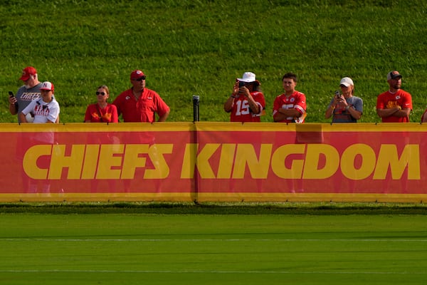 Kansas City Chiefs fans watch practice at NFL football training camp Tuesday, July 22, 2025, in St. Joseph, Mo. (AP Photo/Charlie Riedel)