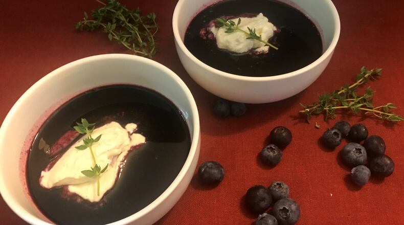 Blueberry Soup pairs the berry with thyme and lemon. A dollop of vanilla-enhanced whipped cream provides airy texture and elegant contrast to the dessert. LIGAYA FIGUERAS / LFIGUERAS@AJC.COM