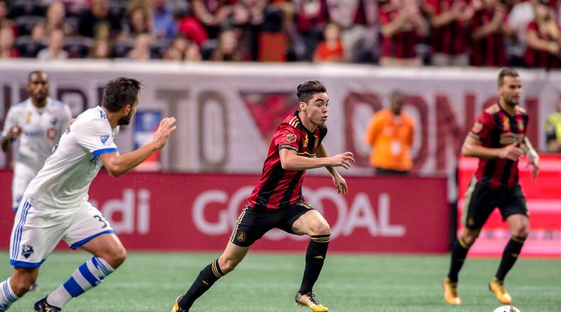 Atlanta United's Miguel Almiron dribbles against Montreal on Sunday at Mercedes-Benz Stadium. Almiron left with an injury. (Eric Rossitch \  Atlanta United)