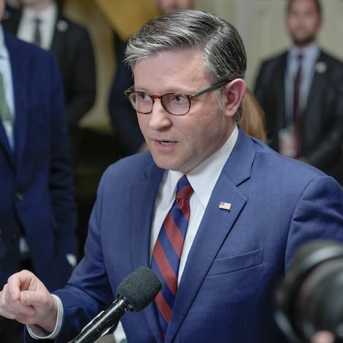Speaker of the House Mike Johnson, R-La., speaks during a news conference on Capitol Hill, Friday, March 27, 2026, in Washington. (AP Photo/Mariam Zuhaib)
