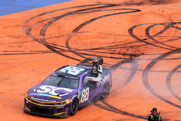 Shane Van Gisbergen celebrates after winning a NASCAR Cup Series auto race at Hermanos Rodríguez race track in Mexico City, Sunday, June 15, 2025. (AP Photo/Marco Ugarte)