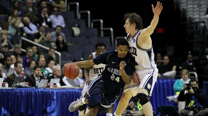 Kent Bazemore of the Old Dominion Monarchs tries to drive past Andrew Smith of the Butler Bulldogs during the second round of the 2011 NCAA men’s basketball tournament at the Verizon Center on March 17, 2011 in Washington, DC. (Photo by Nick Laham/Getty Images)