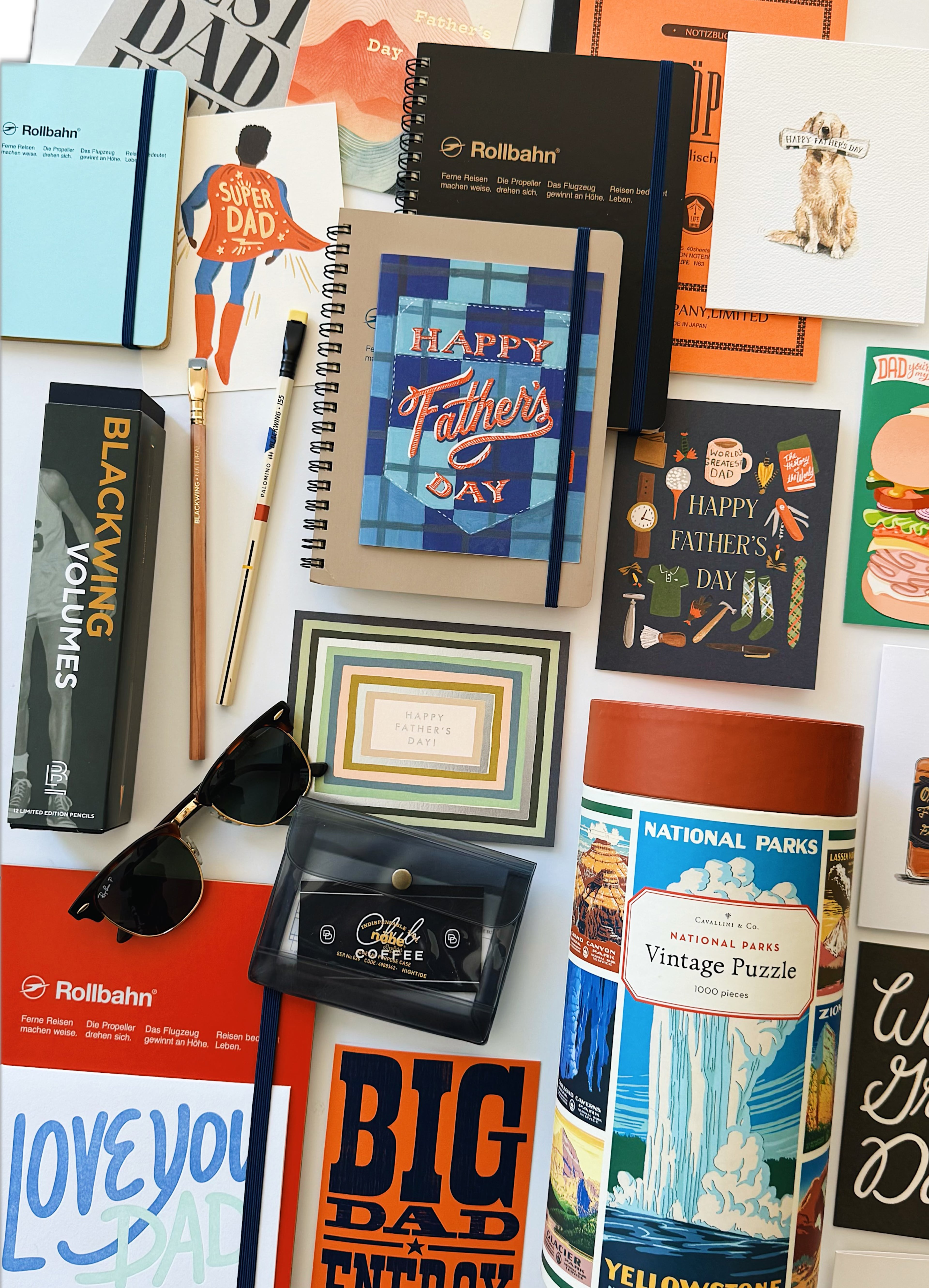 A stylish spread of Father’s Day finds at Archer Paper Goods, including the gold-foil “Super Dad” card. (Courtesy of David Russell Vann)