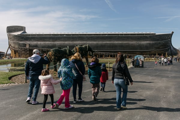 Visitors arrive at the Ark Encounter in Williamstown, Ky., Friday, March 21, 2025. (AP Photo/Madeleine Hordinski)