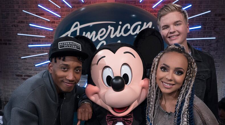 AMERICAN IDOL - "115 (Top 10 - Disney Night)" - "American Idol" heads to the happiest place on earth, Disneyland Resort, then returns to the Idol stage with a sprinkle of magic to perform fan-favorite Disney songs, as the search for AmericaÕs next superstar continues on its new home on AmericaÕs network, The ABC Television Network, SUNDAY, APRIL 29 (8:00-10:01 p.m. EDT/5:00-7:01 p.m. PDT). (ABC/Eric McCandless) DENNIS LORENZO, MICKEY MOUSE, JURNEE, CALEB HUTCHINSON