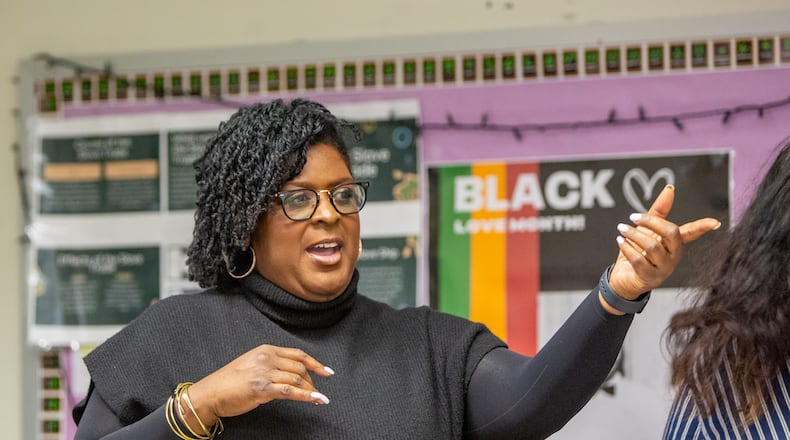 Atlanta Public Schools Superintendent Lisa Herring offers her thoughts on the Advanced Placement African American Studies class she just observed at Maynard Jackson High School on Friday, Feb. 17, 2023. Herring announced in a letter Wednesday that the school district will not propose redistricting plans for three schools. (Jenni Girtman for The Atlanta Journal-Constitution)