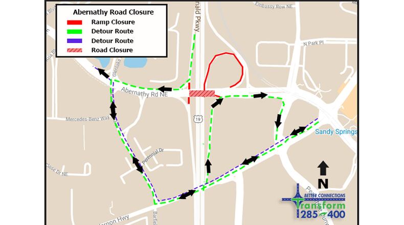 Map depicts the suggested detour for Abernathy Road when it is closed this weekend at Ga. 400 in the Sandy Springs-Dunwoody area. GEORGIA DEPARTMENT OF TRANSPORTATION