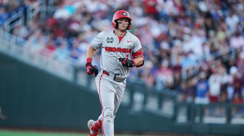 Georgia catcher Daniel Jackson rounds the base after hitting a homer during an NCAA baseball College World Series game against Oklahoma, Monday, June 15, 2026 in Omaha, Neb. Oklahoma won 4-3. (Vera Nieuwenhuis/AP)