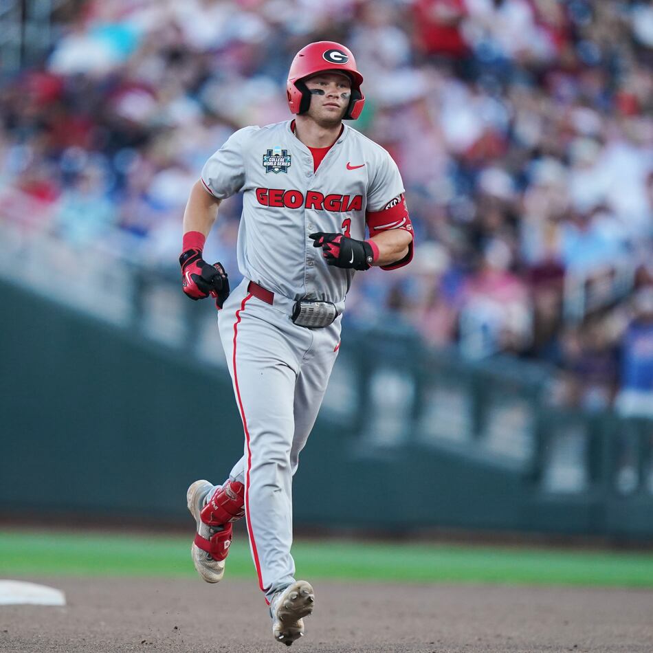 Georgia catcher Daniel Jackson rounds the base after hitting a homer during an NCAA baseball College World Series game against Oklahoma, Monday, June 15, 2026 in Omaha, Neb. Oklahoma won 4-3. (Vera Nieuwenhuis/AP)