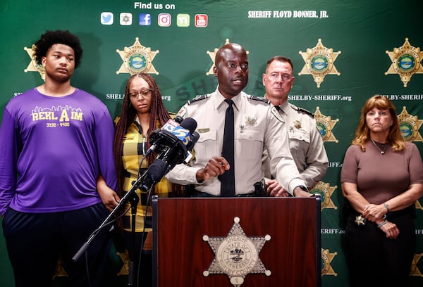 Shelby County Sheriff Department Chief Deputy Anthony Buckner, center, speaks during press conference on Monday, July 21, 2025, discussing the shooting of Ole Miss football player Corey Adams over the weekend. (Mark Weber/Daily Memphian via AP)