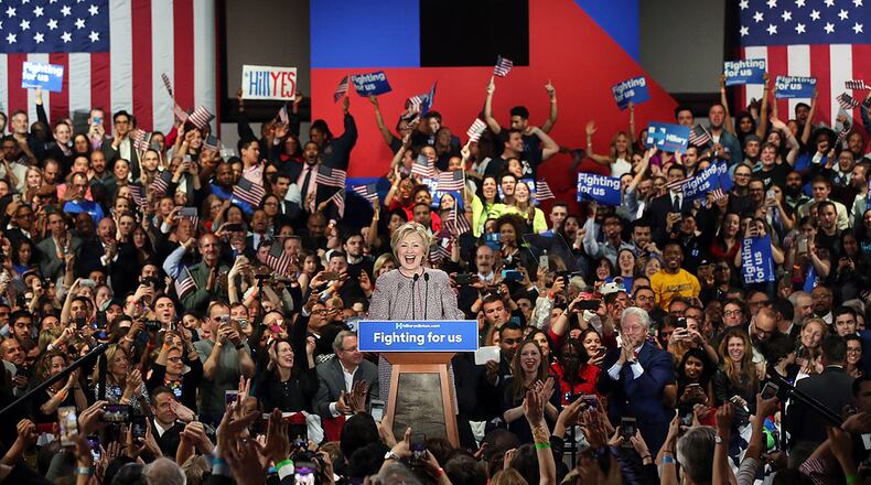 Democratic presidential candidate Hillary Clinton addresses the crowd after winning the highly contested New York primary. Spencer Platt/Getty Images
