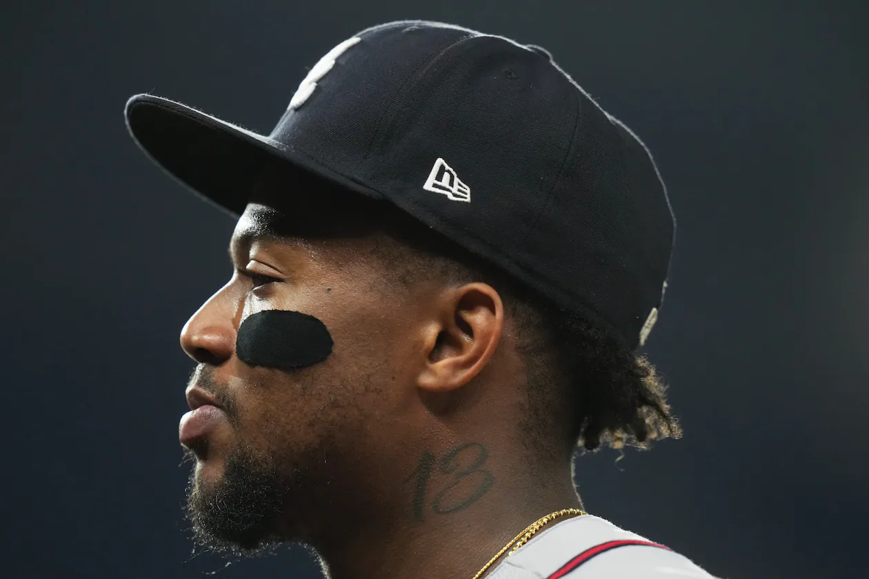 Atlanta Braves right fielder Ronald Acuña walks to the dugout during the fourth inning of a baseball game against the Miami Marlins, Thursday, May 21, 2026, in Miami. (Lynne Sladky/AP)