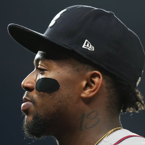 Atlanta Braves right fielder Ronald Acuña walks to the dugout during the fourth inning of a baseball game against the Miami Marlins, Thursday, May 21, 2026, in Miami. (Lynne Sladky/AP)