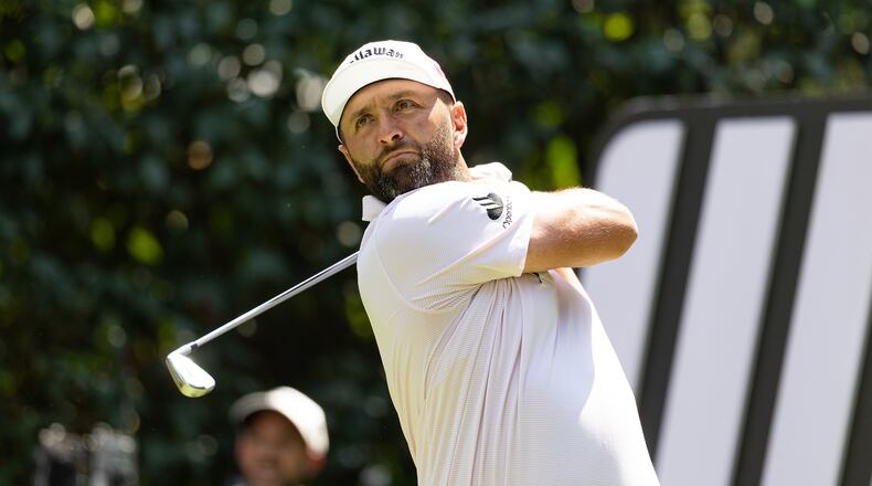 Captain Jon Rahm, of Legion XIII, hits from the 16th tee during the first round of LIV Golf Mexico City at Club de Golf Chapultepec, Thursday, April 16, 2026, in Naucalpan, Mexico. (Scott Taetsch/LIV Golf via AP)