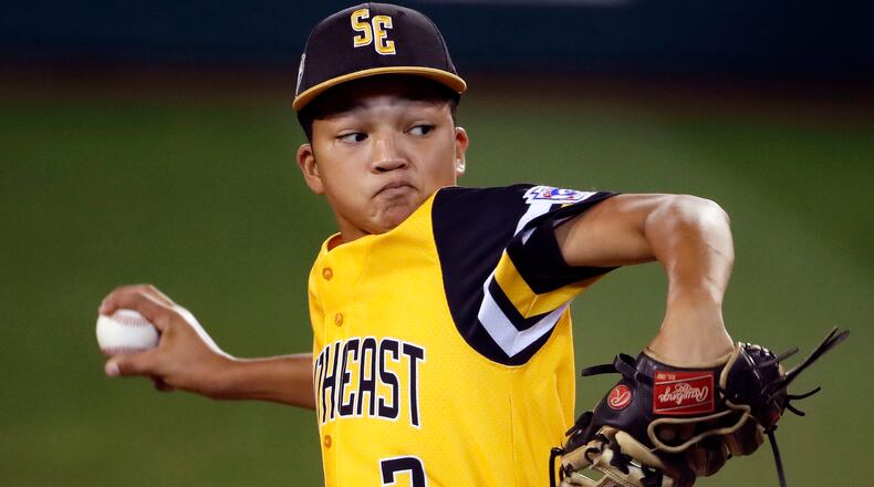 Peachtree City's Tai Peete delivers during the fourth inning of an elimination baseball game against Coeur d'Alene, Idaho,  at the Little League World Series tournament  Saturday, Aug. 18, 2018, in South Williamsport, Pa.
